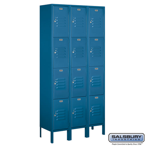 Salsbury 12" Wide Four Tier Standard Metal Locker - 3 Wide - 6 Feet High - 12 Inches Deep - Blue - Unassembled - Sweatfully