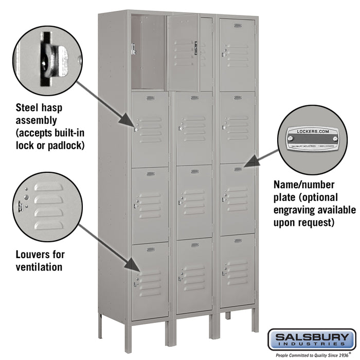 Salsbury 12" Wide Four Tier Standard Metal Locker - 3 Wide - 6 Feet High - 12 Inches Deep - Gray - Assembled - Sweatfully