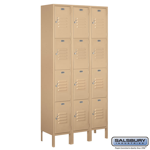 Salsbury 12" Wide Four Tier Standard Metal Locker - 3 Wide - 6 Feet High - 12 Inches Deep - Tan - Unassembled - Sweatfully