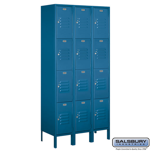 Salsbury 12" Wide Four Tier Standard Metal Locker - 3 Wide - 6 Feet High - 15 Inches Deep - Blue - Assembled - Sweatfully