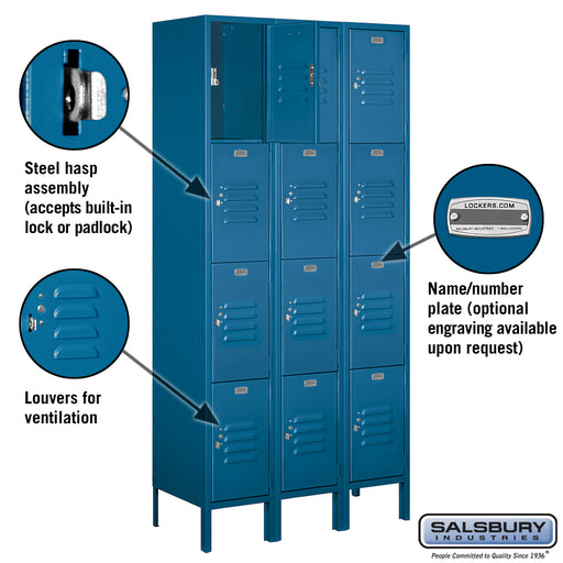 Salsbury 12" Wide Four Tier Standard Metal Locker - 3 Wide - 6 Feet High - 15 Inches Deep - Blue - Unassembled - Sweatfully