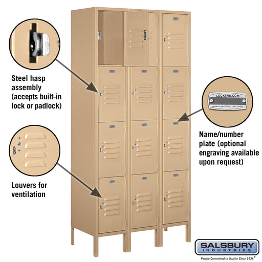 Salsbury 12" Wide Four Tier Standard Metal Locker - 3 Wide - 6 Feet High - 15 Inches Deep - Tan - Unassembled - Sweatfully