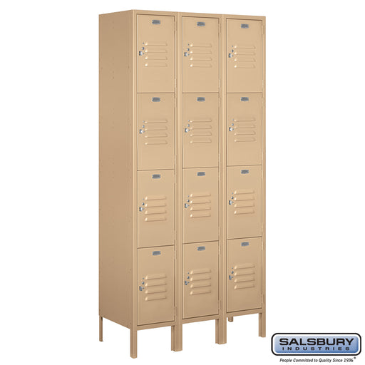 Salsbury 12" Wide Four Tier Standard Metal Locker - 3 Wide - 6 Feet High - 15 Inches Deep - Tan - Unassembled - Sweatfully