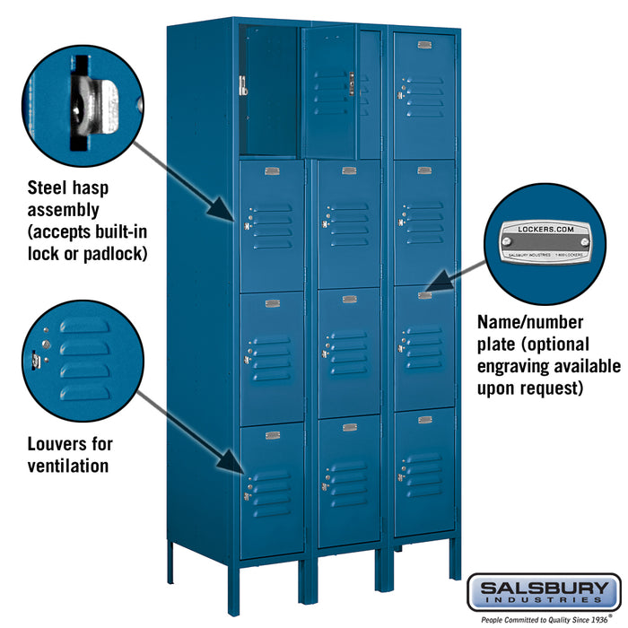 Salsbury 12" Wide Four Tier Standard Metal Locker - 3 Wide - 6 Feet High - 18 Inches Deep - Blue - Assembled - Sweatfully