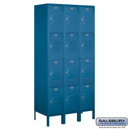Salsbury 12" Wide Four Tier Standard Metal Locker - 3 Wide - 6 Feet High - 18 Inches Deep - Blue - Unassembled - Sweatfully