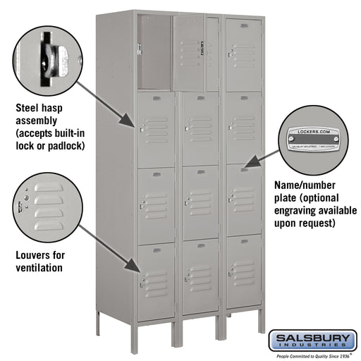 Salsbury 12" Wide Four Tier Standard Metal Locker - 3 Wide - 6 Feet High - 18 Inches Deep - Gray - Assembled - Sweatfully