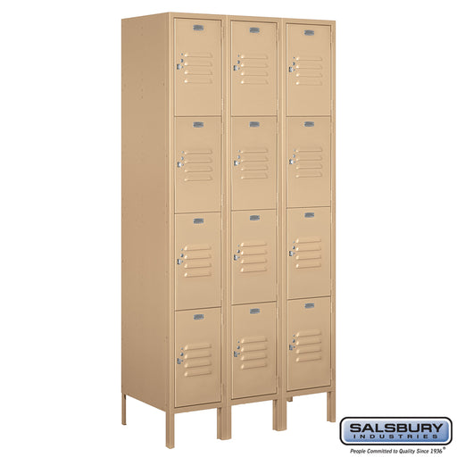 Salsbury 12" Wide Four Tier Standard Metal Locker - 3 Wide - 6 Feet High - 18 Inches Deep - Tan - Assembled - Sweatfully