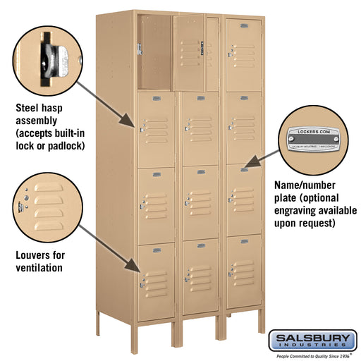 Salsbury 12" Wide Four Tier Standard Metal Locker - 3 Wide - 6 Feet High - 18 Inches Deep - Tan - Unassembled - Sweatfully