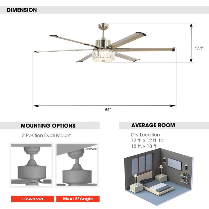 65" Modern Brushed Nickel DC Motor Downrod Mount Reversible Ceiling Fan with Lighting and Remote Control - Sweatfully