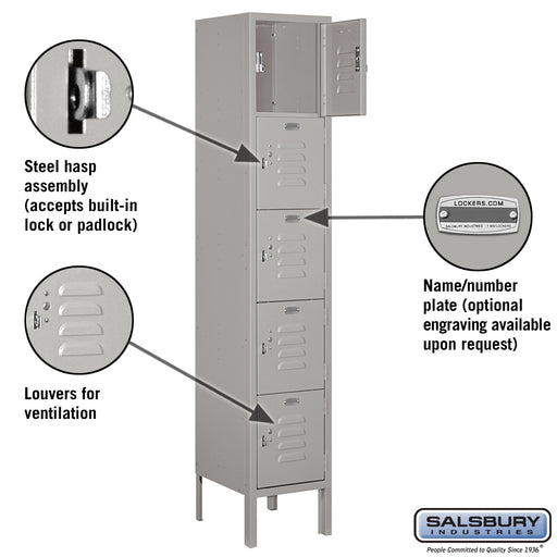Salsbury 12" Wide Five Tier Box Style Standard Metal Locker - 1 Wide - 5 Feet High - 12 Inches Deep - Gray - Unassembled - Sweatfully