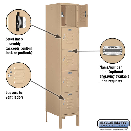 Salsbury 12" Wide Five Tier Box Style Standard Metal Locker - 1 Wide - 5 Feet High - 15 Inches Deep - Tan - Assembled - Sweatfully