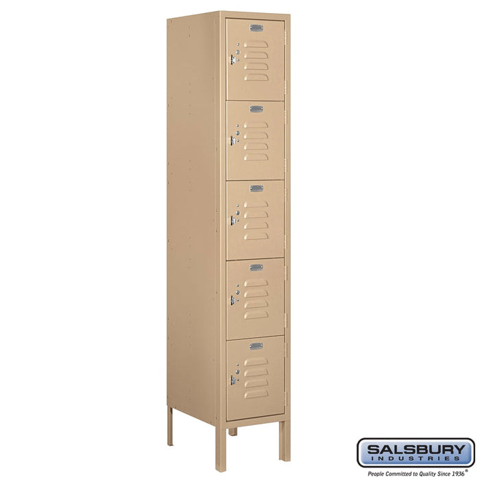 Salsbury 12" Wide Five Tier Box Style Standard Metal Locker - 1 Wide - 5 Feet High - 15 Inches Deep - Tan - Assembled - Sweatfully