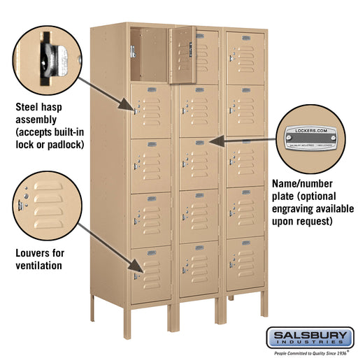 Salsbury 12" Wide Five Tier Box Style Standard Metal Locker - 3 Wide - 5 Feet High - 15 Inches Deep - Tan - Unassembled - Sweatfully