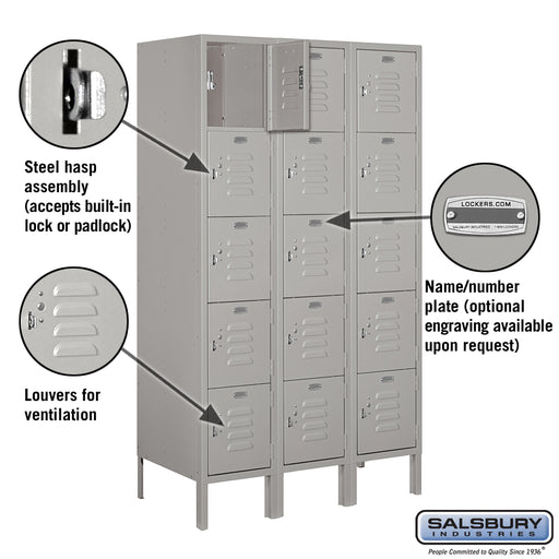Salsbury 12" Wide Five Tier Box Style Standard Metal Locker - 3 Wide - 5 Feet High - 18 Inches Deep - Gray - Assembled - Sweatfully