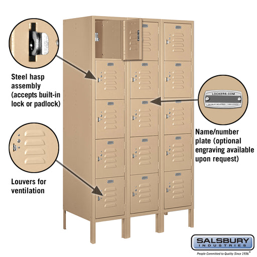 Salsbury 12" Wide Five Tier Box Style Standard Metal Locker - 3 Wide - 5 Feet High - 18 Inches Deep - Tan - Assembled - Sweatfully