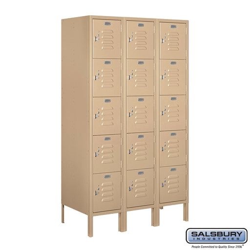 Salsbury 12" Wide Five Tier Box Style Standard Metal Locker - 3 Wide - 5 Feet High - 18 Inches Deep - Tan - Unassembled - Sweatfully