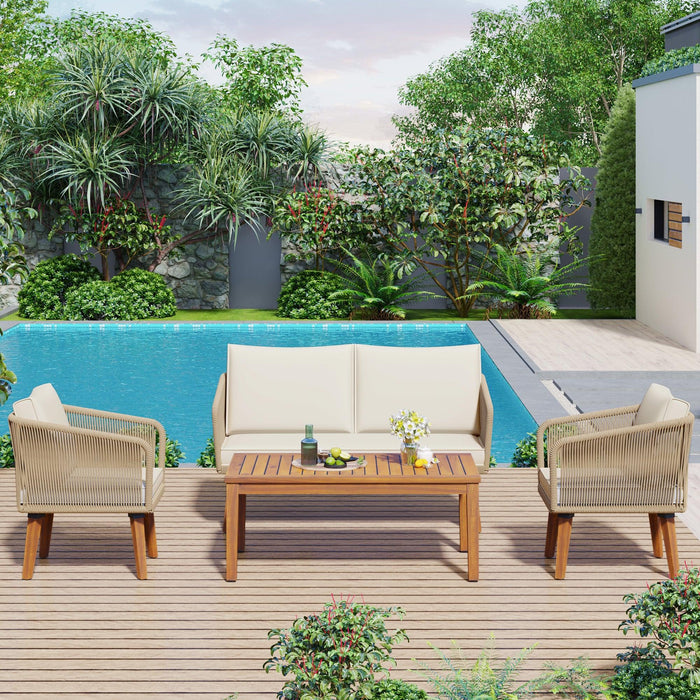 4 Pieces Outdoor Furniture Set with Loveseat, Patio Rope Conversation Set with Cushions for Backyard, Poolside, Garden - Sweatfully