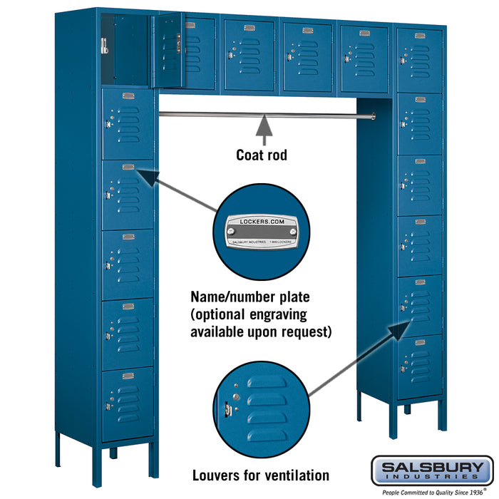 Salsbury 12" Wide Six Tier Box Style Bridge Standard Metal Locker - 16 Box - 18 Inches Deep - Blue - Unassembled - Sweatfully