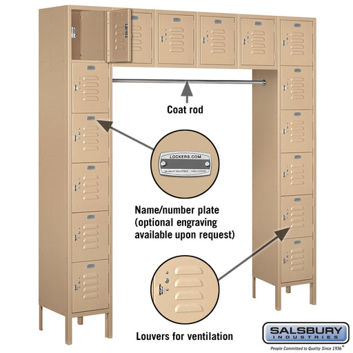 Salsbury 12" Wide Six Tier Box Style Bridge Standard Metal Locker - 16 Box - 18 Inches Deep - Tan - Assembled - Sweatfully
