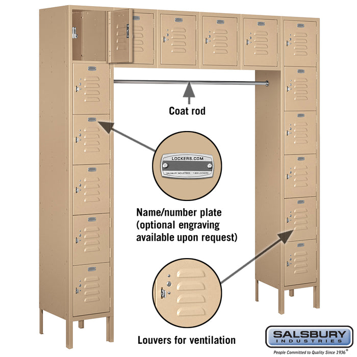 Salsbury 12" Wide Six Tier Box Style Bridge Standard Metal Locker - 16 Box - 18 Inches Deep - Tan - Unassembled - Sweatfully