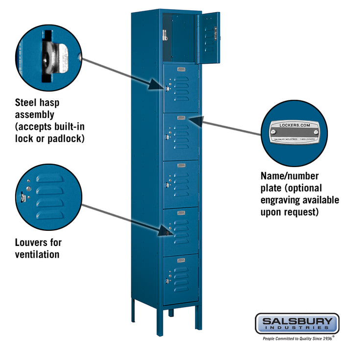 Salsbury 12" Wide Six Tier Box Style Standard Metal Locker - 1 Wide - 6 Feet High - 12 Inches Deep - Blue - Assembled - Sweatfully