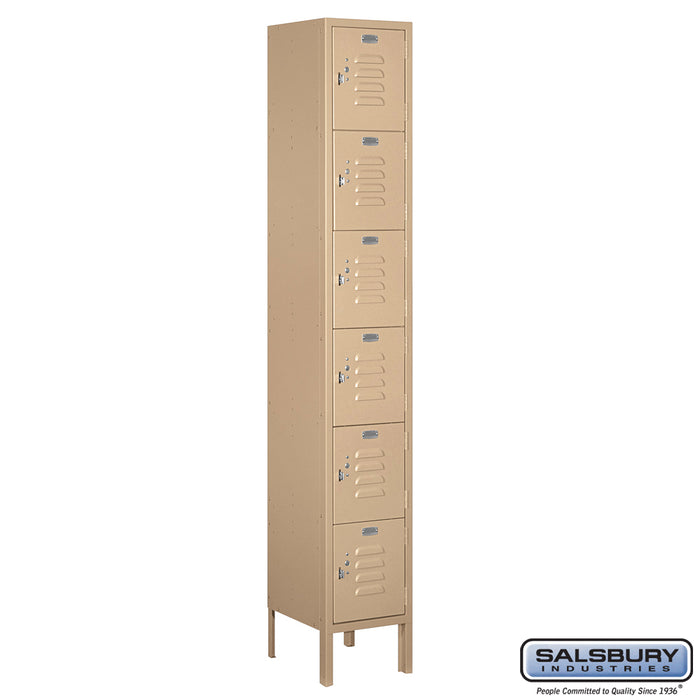 Salsbury 12" Wide Six Tier Box Style Standard Metal Locker - 1 Wide - 6 Feet High - 12 Inches Deep - Tan - Assembled - Sweatfully