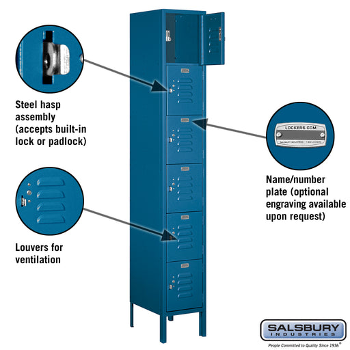 Salsbury 12" Wide Six Tier Box Style Standard Metal Locker - 1 Wide - 6 Feet High - 15 Inches Deep - Blue - Assembled - Sweatfully
