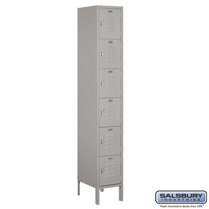 Salsbury 12" Wide Six Tier Box Style Standard Metal Locker - 1 Wide - 6 Feet High - 15 Inches Deep - Gray - Assembled - Sweatfully