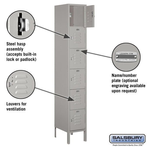 Salsbury 12" Wide Six Tier Box Style Standard Metal Locker - 1 Wide - 6 Feet High - 15 Inches Deep - Gray - Unassembled - Sweatfully