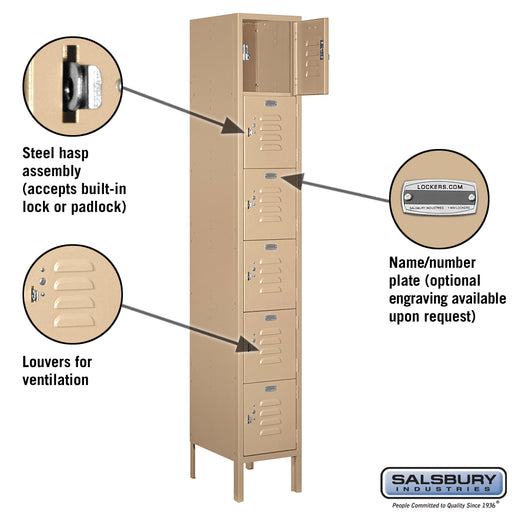 Salsbury 12" Wide Six Tier Box Style Standard Metal Locker - 1 Wide - 6 Feet High - 15 Inches Deep - Tan - Assembled - Sweatfully