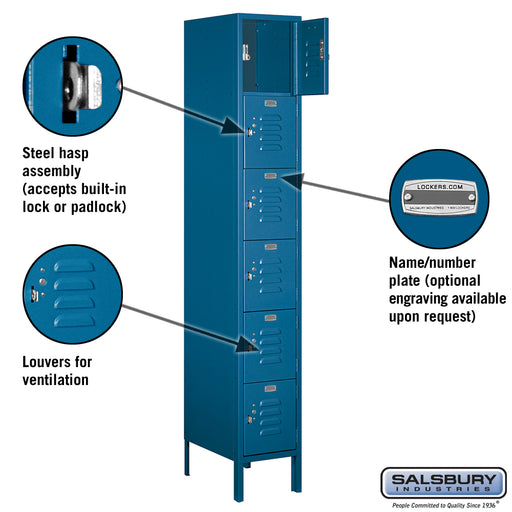 Salsbury 12" Wide Six Tier Box Style Standard Metal Locker - 1 Wide - 6 Feet High - 18 Inches Deep - Blue - Assembled - Sweatfully