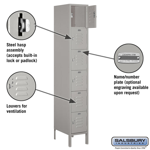 Salsbury 12" Wide Six Tier Box Style Standard Metal Locker - 1 Wide - 6 Feet High - 18 Inches Deep - Gray - Unassembled - Sweatfully