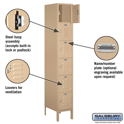 Salsbury 12" Wide Six Tier Box Style Standard Metal Locker - 1 Wide - 6 Feet High - 18 Inches Deep - Tan - Unassembled - Sweatfully