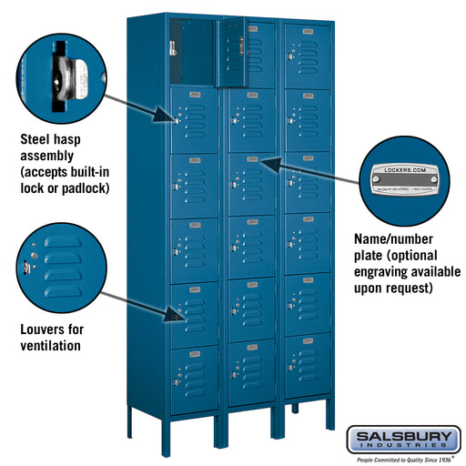 Salsbury 12" Wide Six Tier Box Style Standard Metal Locker - 3 Wide - 6 Feet High - 12 Inches Deep - Blue - Assembled - Sweatfully