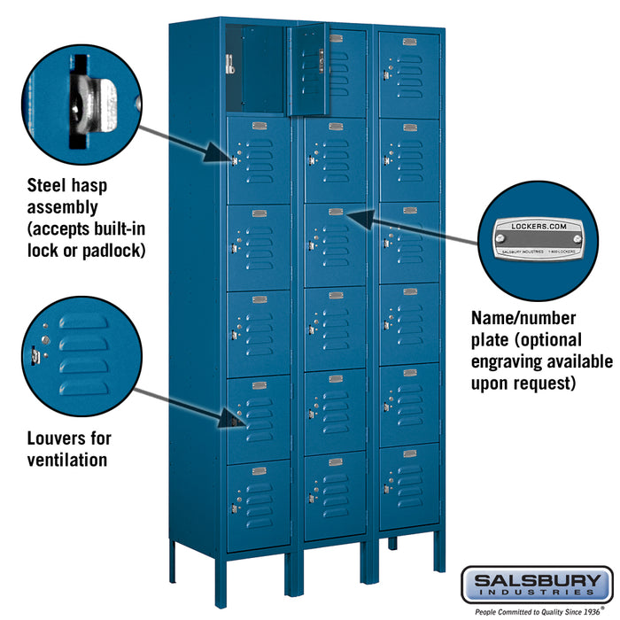 Salsbury 12" Wide Six Tier Box Style Standard Metal Locker - 3 Wide - 6 Feet High - 12 Inches Deep - Blue - Unassembled - Sweatfully