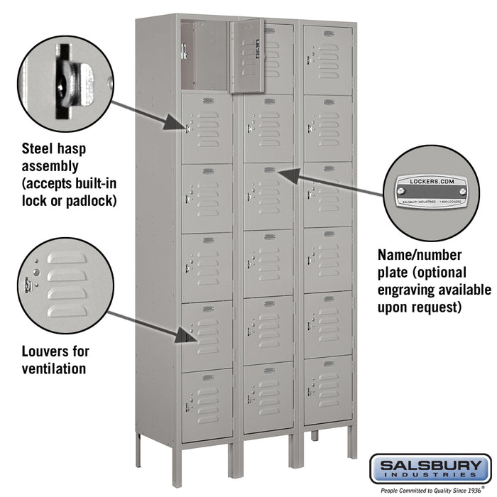 Salsbury 12" Wide Six Tier Box Style Standard Metal Locker - 3 Wide - 6 Feet High - 12 Inches Deep - Gray - Assembled - Sweatfully