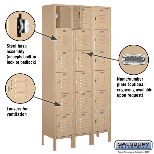 Salsbury 12" Wide Six Tier Box Style Standard Metal Locker - 3 Wide - 6 Feet High - 12 Inches Deep - Tan - Assembled - Sweatfully