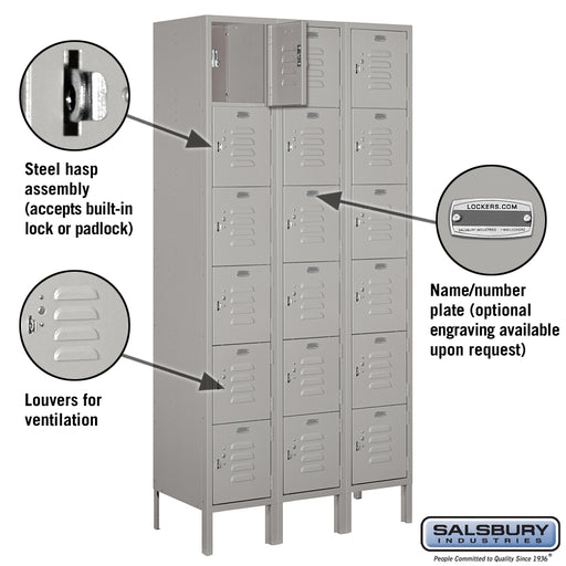 Salsbury 12" Wide Six Tier Box Style Standard Metal Locker - 3 Wide - 6 Feet High - 15 Inches Deep - Gray - Unassembled - Sweatfully