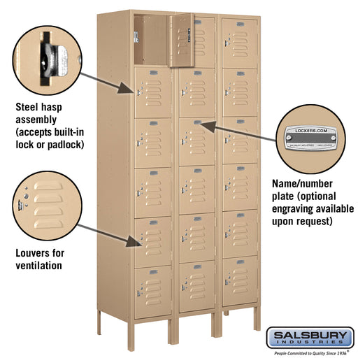 Salsbury 12" Wide Six Tier Box Style Standard Metal Locker - 3 Wide - 6 Feet High - 15 Inches Deep - Tan - Assembled - Sweatfully