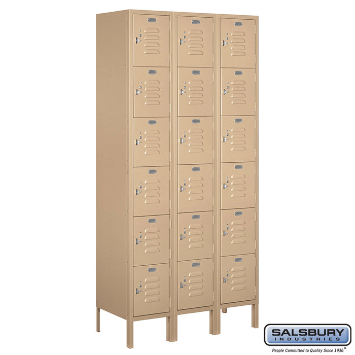 Salsbury 12" Wide Six Tier Box Style Standard Metal Locker - 3 Wide - 6 Feet High - 15 Inches Deep - Tan - Assembled - Sweatfully