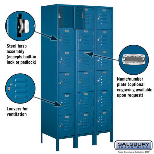 Salsbury 12" Wide Six Tier Box Style Standard Metal Locker - 3 Wide - 6 Feet High - 18 Inches Deep - Blue - Unassembled - Sweatfully