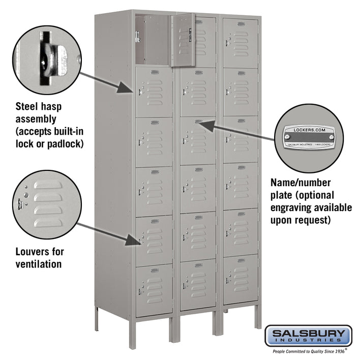 Salsbury 12" Wide Six Tier Box Style Standard Metal Locker - 3 Wide - 6 Feet High - 18 Inches Deep - Gray - Unassembled - Sweatfully