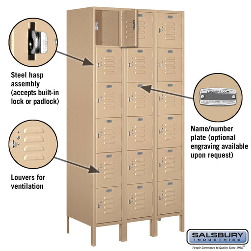Salsbury 12" Wide Six Tier Box Style Standard Metal Locker - 3 Wide - 6 Feet High - 18 Inches Deep - Tan - Assembled - Sweatfully
