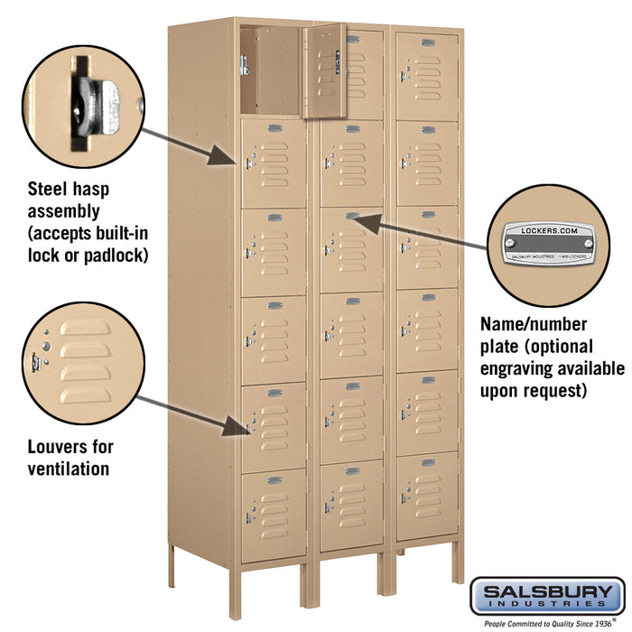 Salsbury 12" Wide Six Tier Box Style Standard Metal Locker - 3 Wide - 6 Feet High - 18 Inches Deep - Tan - Unassembled - Sweatfully