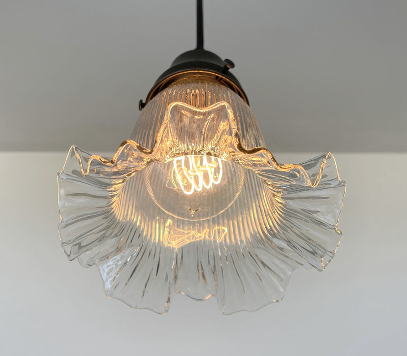 Delicate HOLOPHANE RUFFLE 1930's Antique Glass Pendant Light - Sweatfully