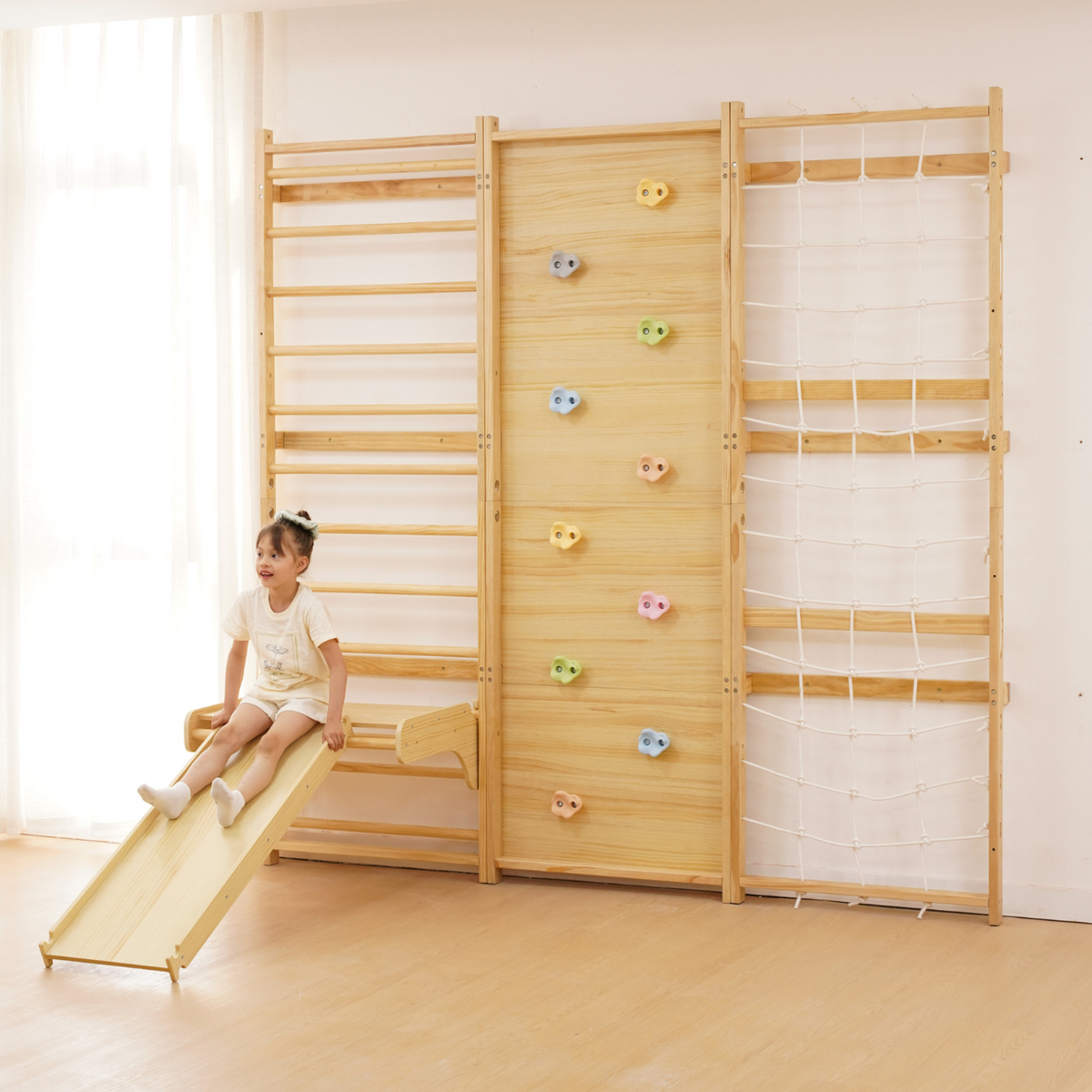 Walnut Modular 9-in-1 Swedish Ladder Wall Gym – Indoor Climber for Kid