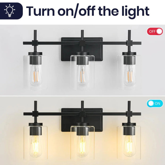 Jasper 3-Light Modern Clear Glass Bathroom Vanity Light, Black & Nickel - Sweatfully