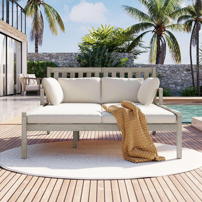 Outdoor Daybed, Patio Daybed with Four Pillows, Wooden Outdoor Bed with Curved Armrests for Poolside, Backyard, Garden - Sweatfully