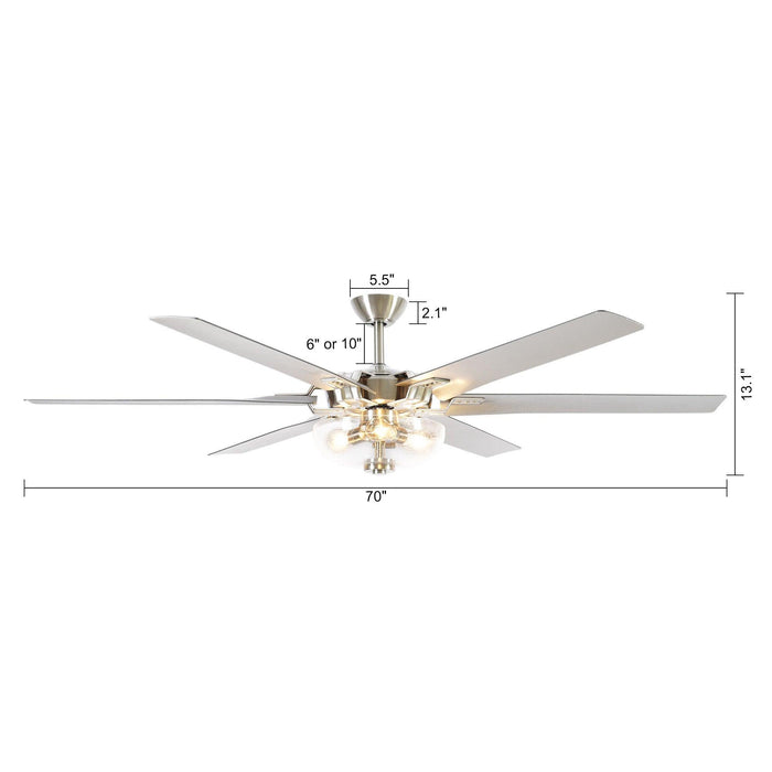 70" Modern Brushed Nickel DC Motor Downrod Mount Ceiling Fan with Lighting and Remote Control - Sweatfully