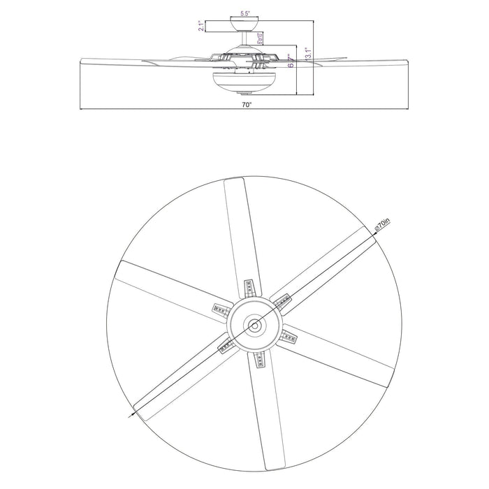 70" Modern Brushed Nickel DC Motor Downrod Mount Ceiling Fan with Lighting and Remote Control - Sweatfully